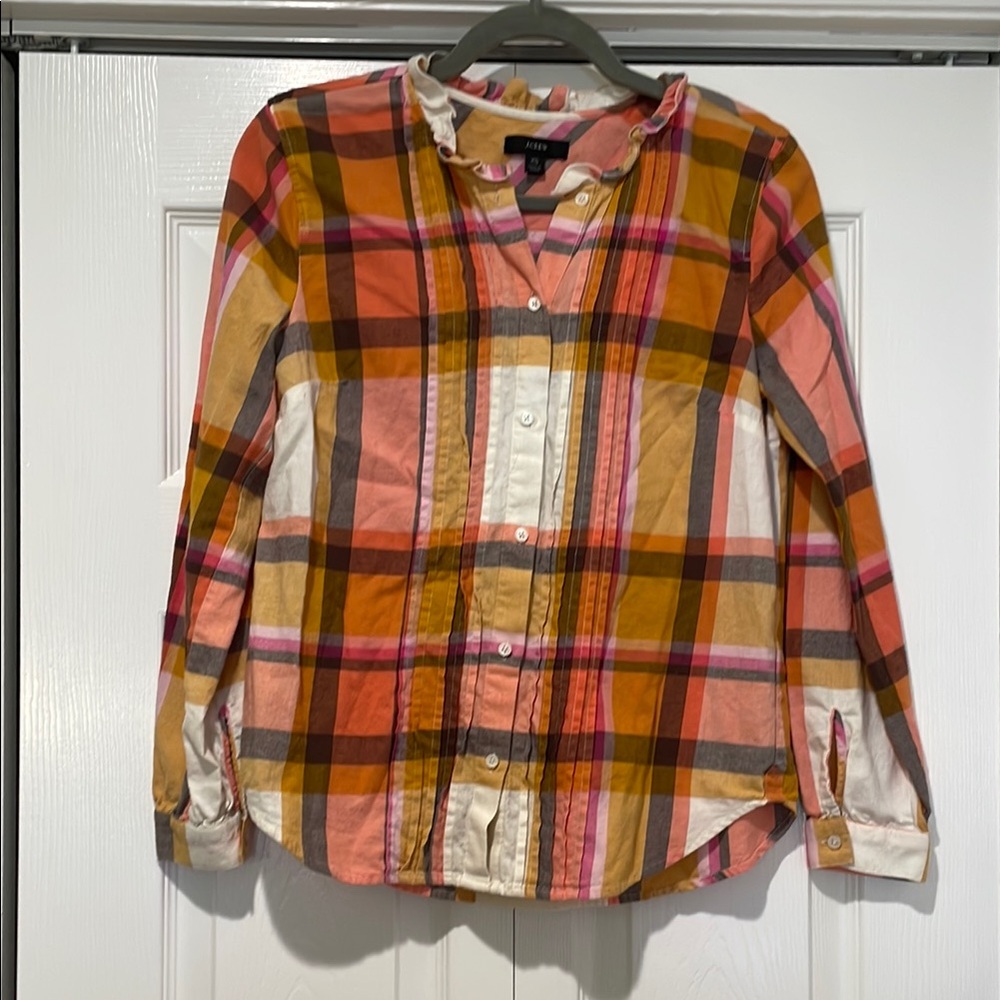 J Crew Womens Plaid Button‎ Up Top Size XS Preppy Ivy Posh Ruffles Feminine Twee